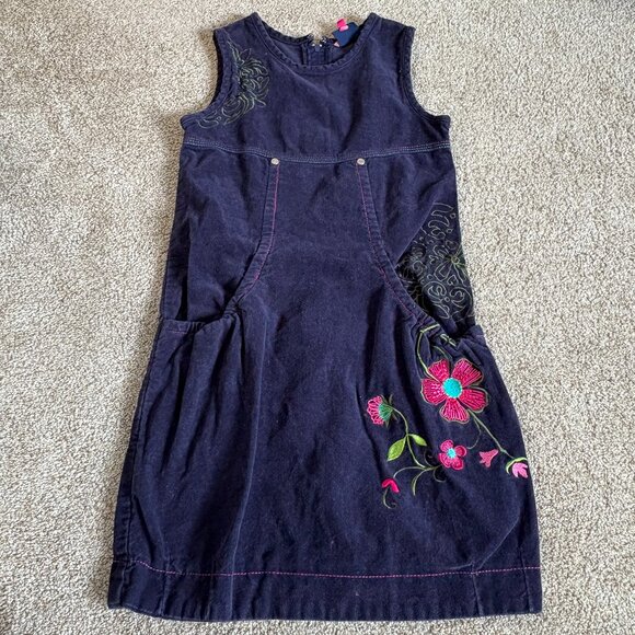 Y2K 2000s Girls Dress Navy Romeo + Juliette size 8 pockets floral embroidered - Picture 1 of 10